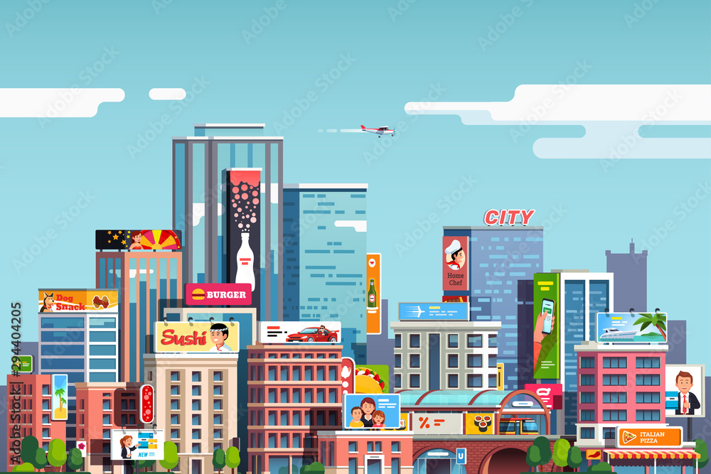 Obraz premium City center with buildings, billboards, lots of ad