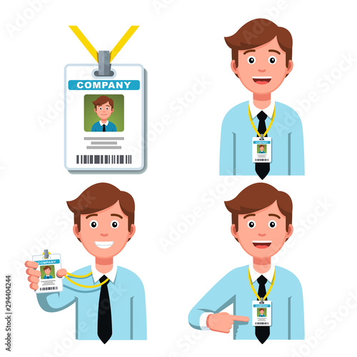 Happy company employee business man with badge