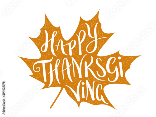 HAPPY THANKSGIVING vector hand lettering in maple leaf with spiral motifs