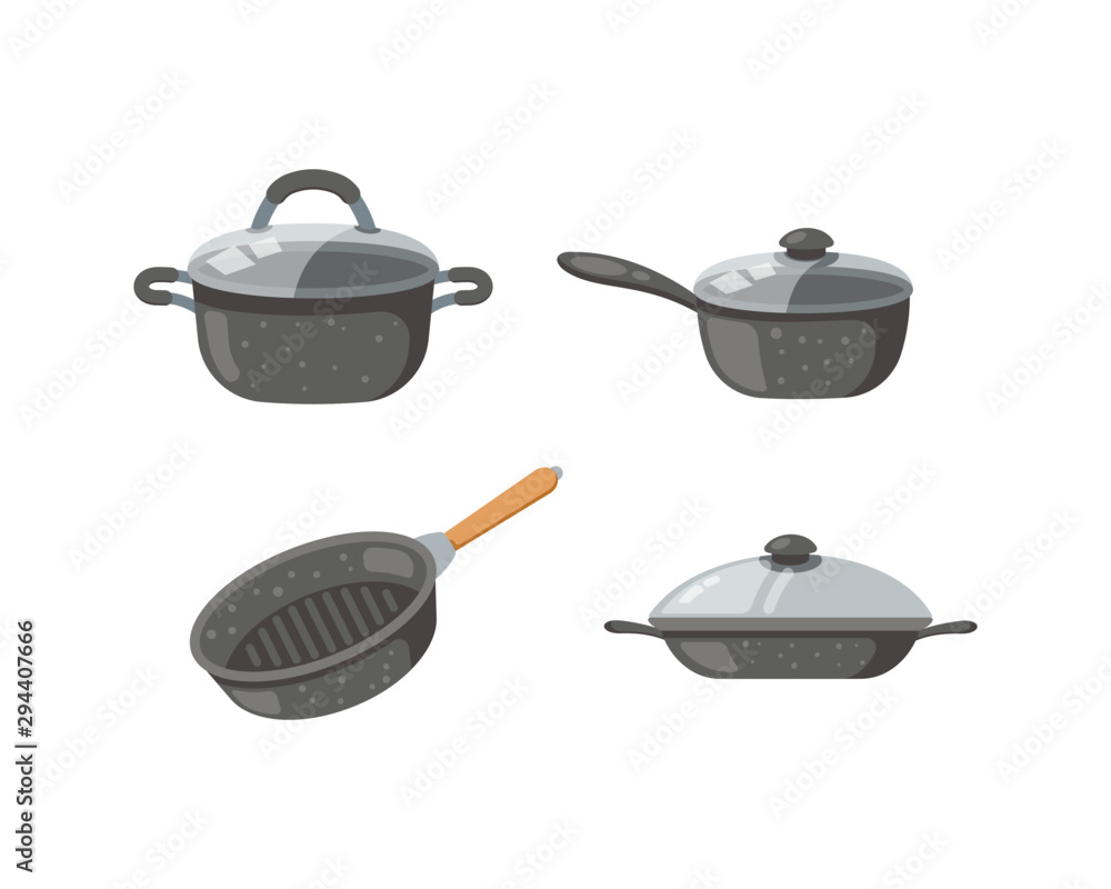 Frying pan vector icons set. Kitchen pots and different pans isolated on white background. Frying pan vector icons set. Kitchen pots and different pans isolated on white background.