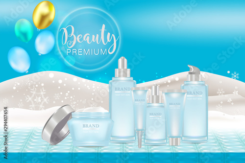 Beauty product ad design, blue cosmetic containers with holiday concept advertising background ready to use, luxury skin care banner, illustration vector. 