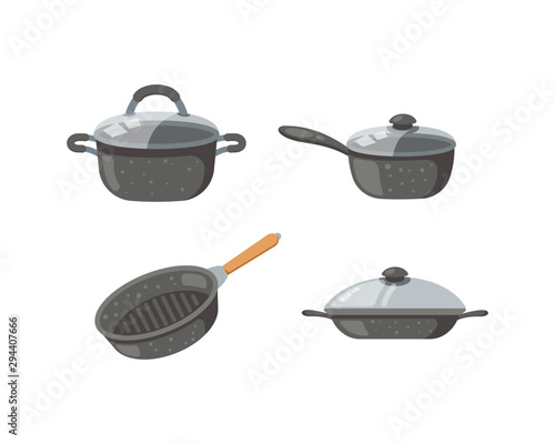 Frying pan vector icons set. Kitchen pots and different pans isolated on white background.