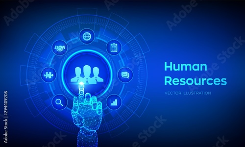 Human Resources. HR management, recruitment, employment, headhunting business concept. Human social network and leadership. Robotic hand touching digital interface. Vector illustration.