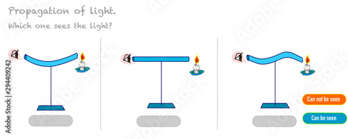 Propagation of light. How is spread. Curved, straight pipes. Can we see the light.  Physics lesson, puzzle, riddle. Physic homework exam. Education question vector.