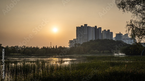 korea, sunset of city 