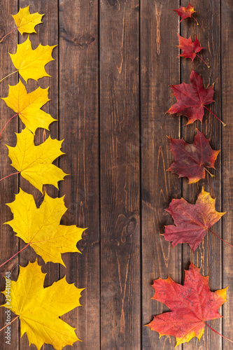 Autumn composition. Red and yellow maple leaves in two rows from small to large as frame on dark wooden brown background. Thanksgiving day concept. Flat lay, top view, copy space