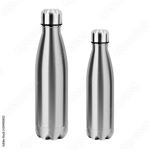 Water bottle. Stainless steel thermo flask. Empty sport can 3d blank for branding. Fitness sport aluminum vessel. Glossy realistic camping tin. Promotion design package product mock up