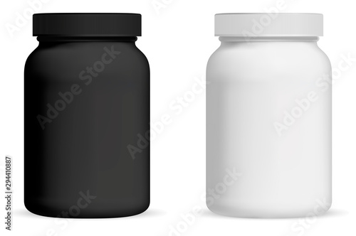 Supplement bottle. Pill package mockup. Black and white medicine vitamin plastic jar. 3d container for pharmaceutical remedy. Sport can for bodybuilding whey protein powder. Healthy food