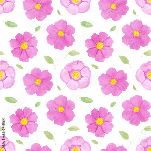 Watercolor hand painted seamless pattern with abstract pink and yellow flowers and leaves isolated on white background. Floral repeat print for wallpaper, fabric, wrapping paper, invitations, card. © Lelakordrawings