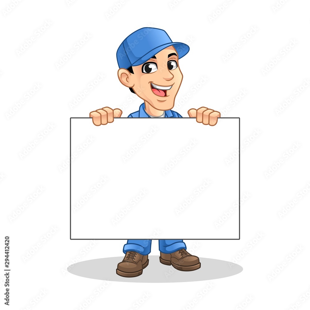 Mechanic Man Holding Blank Board for Service, Repair or Maintenance Mascot Concept Cartoon Character Design, Vector Illustration, in Isolated White Background. Mechanic Man Holding Blank Board for Service, Repair or Maintenance Mascot Concept Cartoon Character Design, Vector Illustration, in Isolated White Background.
