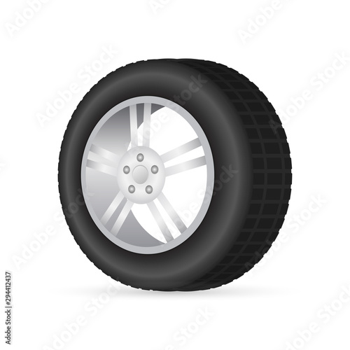 Realistic shining disk car wheel tyre set. Vector illustration.