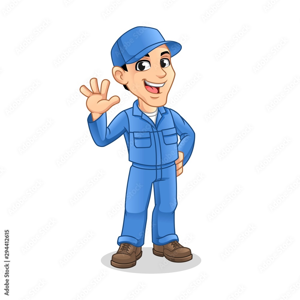 Mechanic Man with Waving Hand Gesture Sign for Service, Repair or Maintenance Mascot Concept Cartoon Character Design, Vector Illustration, in Isolated White Background. Mechanic Man with Waving Hand Gesture Sign for Service, Repair or Maintenance Mascot Concept Cartoon Character Design, Vector Illustration, in Isolated White Background.