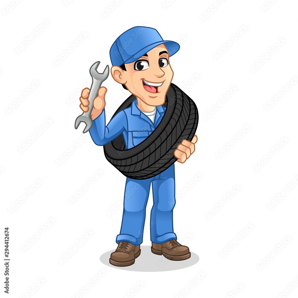 Mechanic Man Carrying The Tire with Holding a Wrench in The Other Hand for  Service, Repair or Maintenance Mascot Concept Cartoon Character Design,  Vector Illustration, in Isolated White Background. Stock Vector |