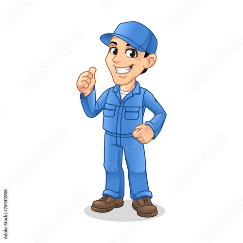 Mechanic Man with Thumbs Up Hand Gesture Sign for Service, Repair or Maintenance Mascot Concept Cartoon Character Design, Vector Illustration, in Isolated White Background.