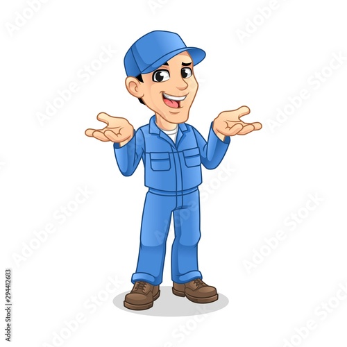 Mechanic Man with Confused Gesture Sign for Service, Repair or Maintenance Mascot Concept Cartoon Character Design, Vector Illustration, in Isolated White Background.