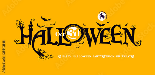 Halloween horizontal banner with festive vector logo. HAPPY HALLOWEEN, Trick or Treat. The inscription with ominous tree branches, bats and a pretty witch on a background of the full moon.