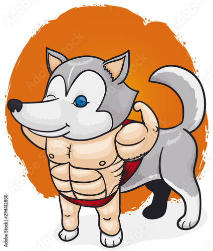 Cute Husky Puppy Wearing a Bodybuilder Costume for Halloween, Vector Illustration