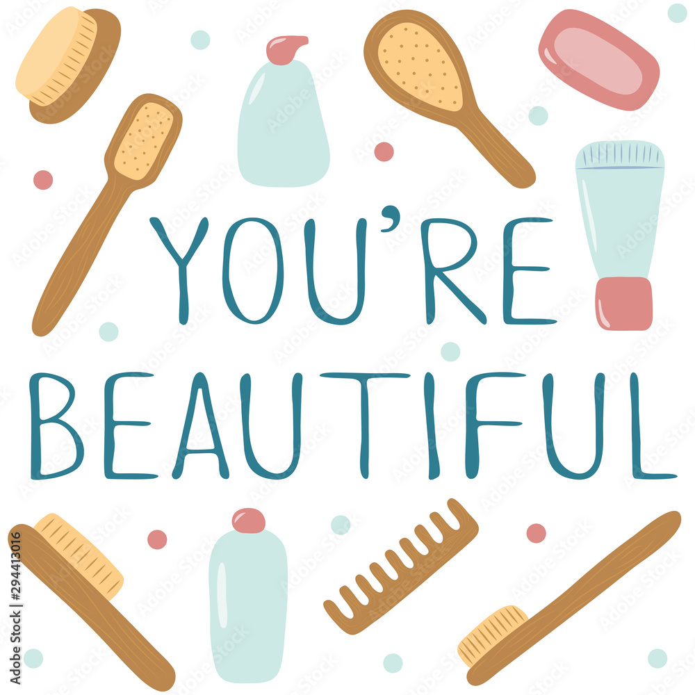 Cosmetics, brush, cream, comb. You are beautiful. Items for care. Element for logo, game, print, poster or other design project. Vector illustration