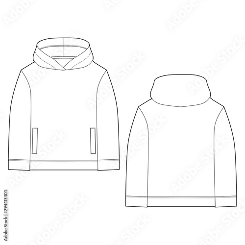 Technical sketch for men hoodie. Mockup template hoody. Technical drawing kids clothes