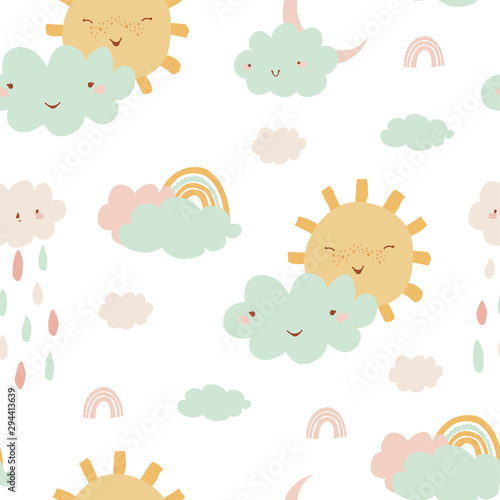 Cute seamless pattern with rainbow, clouds, sun, rain for kids. Pattern in hand drawn style for poster, fabric, wallpaper, textile, wrapping paper. Vector illustration