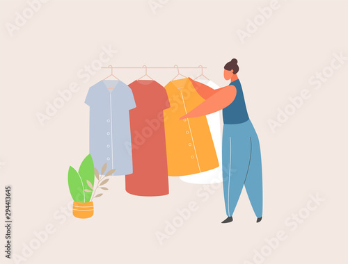 Woman in clothes store. Customer character shopping at apparel retail shop. Garment sale. Flat vector illustration.
