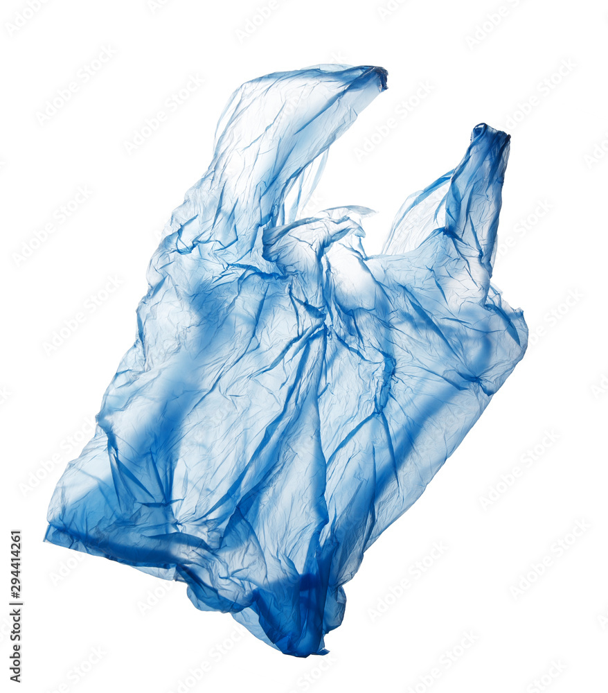 Fototapeta premium flying blue polyethylene bag isolated on white background