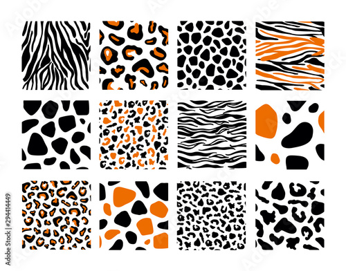 Set of seamless pattern with black jaguar leopard zebra tiger lion animal skin print texture fur on white background. Safari fauna vector illustration in flat style for textile fabric