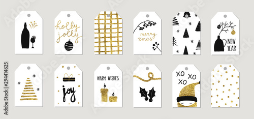 Set of christmas new year winter holiday cute greeting gift tags cards with gold texture objects. Vector abstract trendy illustration in minimalistic hand drawn flat style