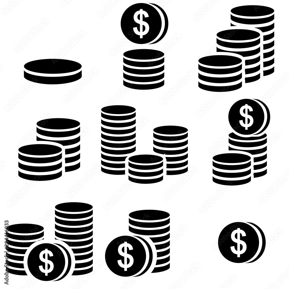 Coins vector icons Set. Black money icon. Bank payment symbol illustration. Finance sign or logo. Coins vector icons Set. Black money icon. Bank payment symbol illustration. Finance sign or logo.