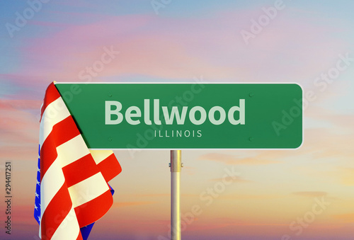Bellwood – Illinois. Road or Town Sign. Flag of the united states. Sunset oder Sunrise Sky. 3d rendering photo