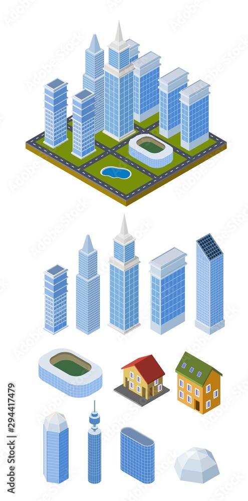 Set of vector isometric buildings. Treble-style multi-storey houses on a white background. Vector illustration Set of vector isometric buildings. Treble-style multi-storey houses on a white background. Vector illustration