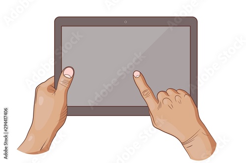 Two hands holding a tablet and index finger making a choice on the screen. Vector illustration of using a device.