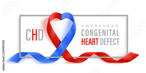 Congenital Heart Defect Awareness horizontal banner with red and blue ribbon