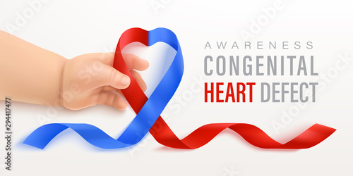 Congenital Heart Defect Awareness horizontal banner with red and blue ribbon