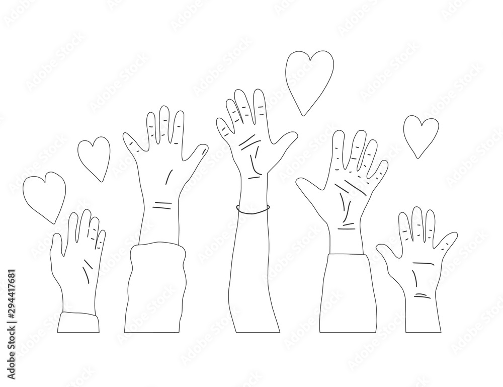 Volunteers hands up concept. Vector simple design Volunteers hands up concept. Vector simple design