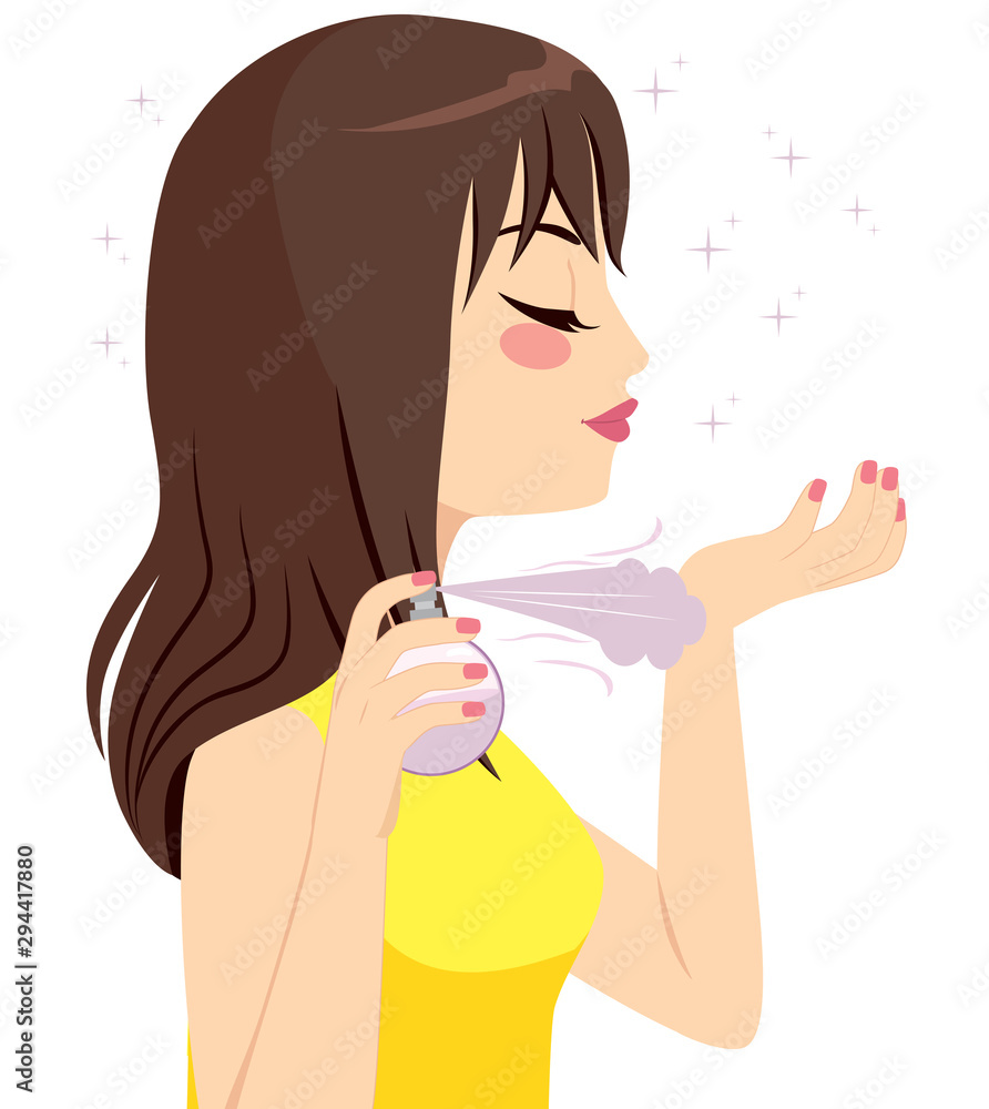 Beautiful woman side profile view applying perfume on her wrist Beautiful woman side profile view applying perfume on her wrist