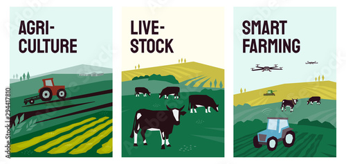 Vector illustrations of agriculture, farming, livestock, tractor plows on field, farmland, landscape, cow in pasture. Smart farm with drone control. Template for banner, poster, flyer, report, web, ad