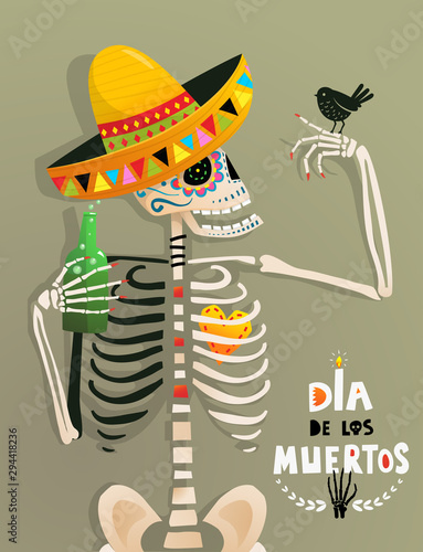Fun Poster with Skeleton and bird for Day of the Dead Mexican holiday