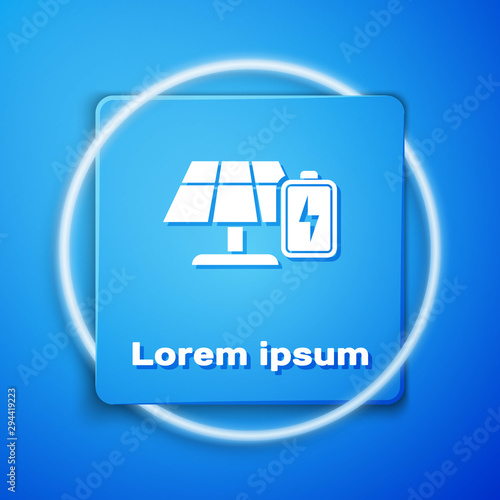 White Solar energy panel and battery icon isolated on blue background. Blue square button. Vector Illustration