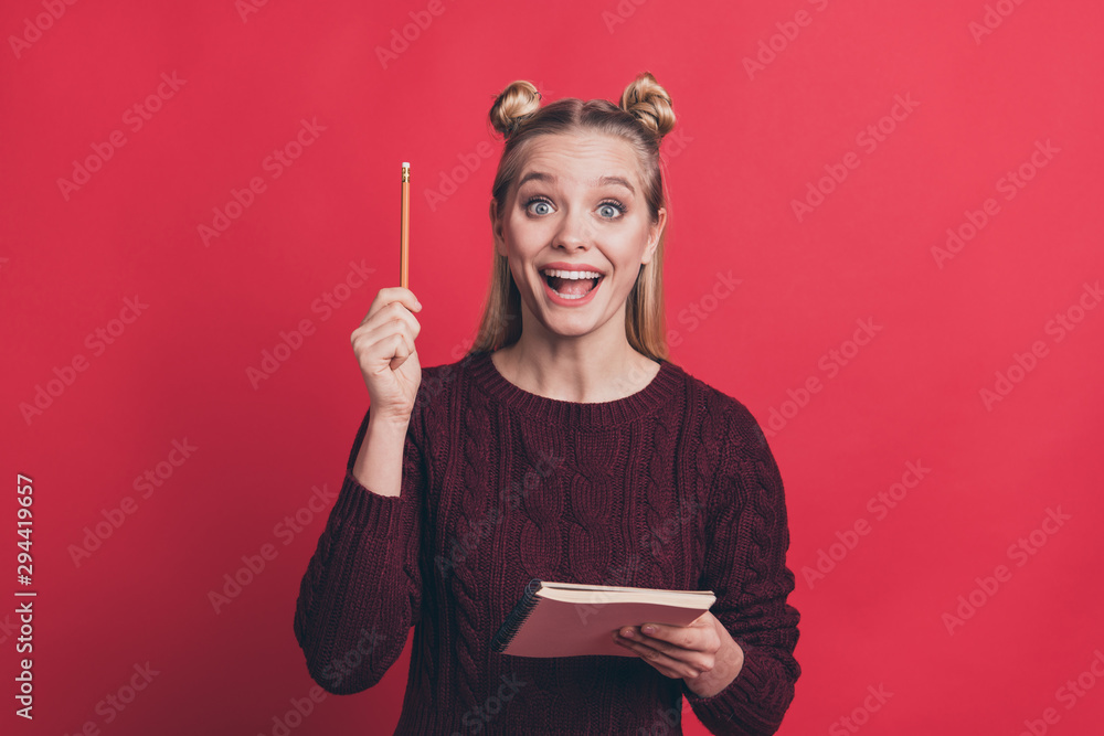 Close up photo portrait of nice intelligent cheerful positive having great good brilliant idea teen hipster holding note pad in hands isolated pastel color background - obrazy, fototapety, plakaty 