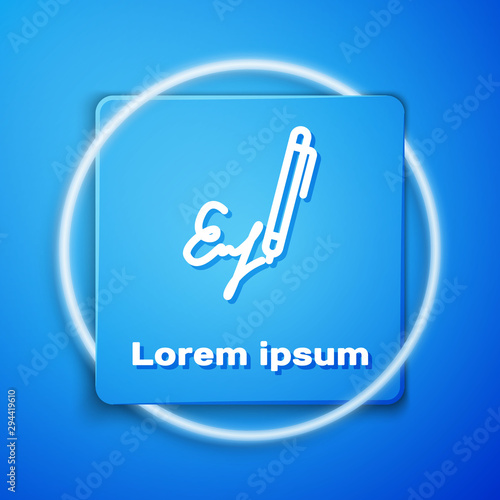White Signature line icon isolated on blue background. Pen and undersign, underwrite, ratify symbol. Blue square button. Vector Illustration