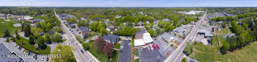 Aerial view panorama of Millis historic town center and Main Street in spring, Millis, Boston Metro West area, Massachusetts, MA, USA. © Wangkun Jia