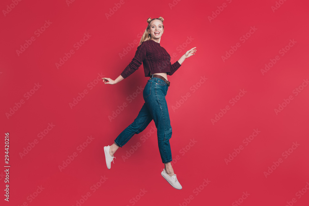 Full body length photo of nice attractive pretty glad pretty feeling good mood and luck girl hurrying on shopping jumping up isolated pastel color background