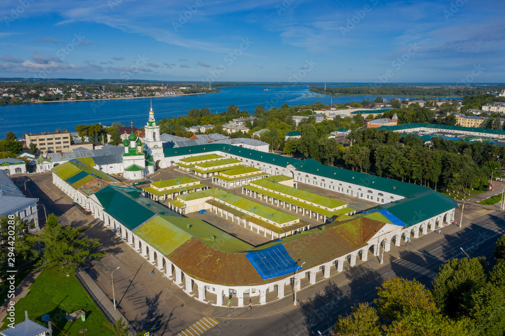 Aerial view of ancient Gostiny Dvor in old Russian city of Kostroma on bank of Volga River, Russia