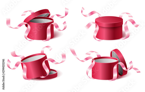 Set icons pink gift box with ribbons and closed and opened lid
