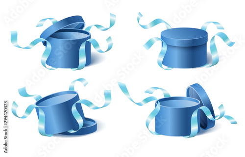 Set icons blue gift box with ribbons and closed and opened lid