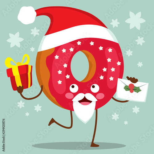 Cute doughnut character with Christmas Santa Claus hat and red frosted icing holding present and letter