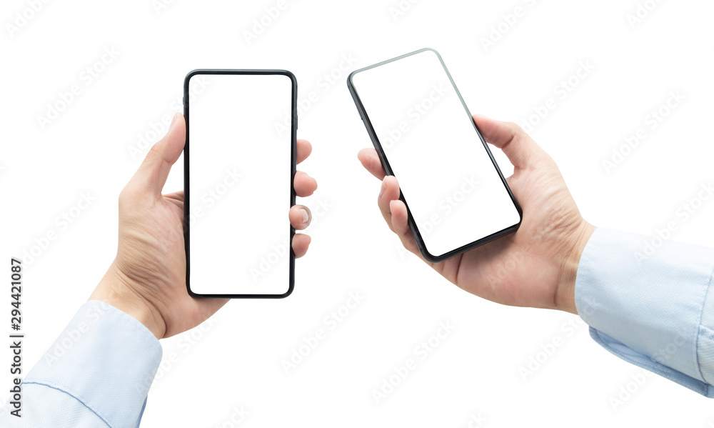 Set of businessman holding the black smartphone with blank screen isolated on white background with clipping path.