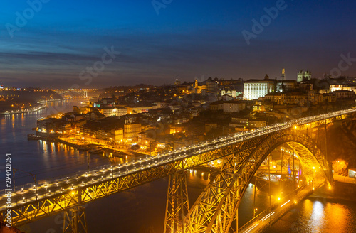 Porto old town and the Dom Luis Bridge at night, Portugal