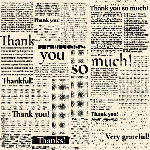 Seamless background pattern. Imitation of halftone newspaper with worlds Thank you, grateful, thankful. Vector image.